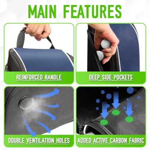 Smell Proof Shoe Cleat Bag for Travel Men - Golf Soccer Zippered Sport Shoe Carrier Bags with Ventilation & Side Pockets for Socks, Tees, Golf Balls; Golf Accessories Fathers Dad Day Gifts for Men