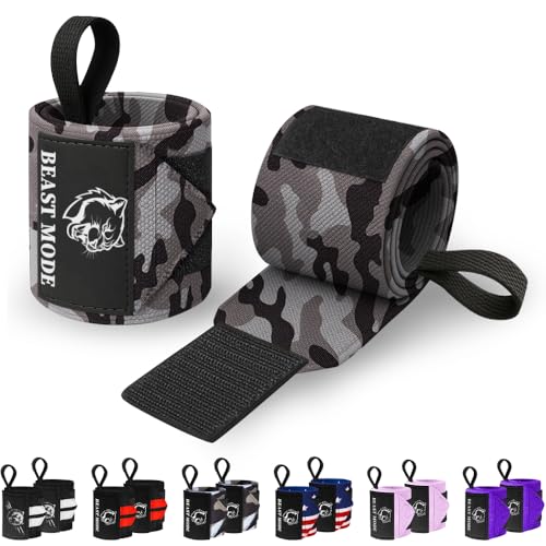 TECEUM Weightlifting 18" & 12" Wrist Wraps with Thumb Loop – Heavy Duty Wrist Workout Braces for Men and Women – Ideal for Powerlifting, Strength Training, Bodybuilding - color: Black Camo, style: 12" – Beast Mode