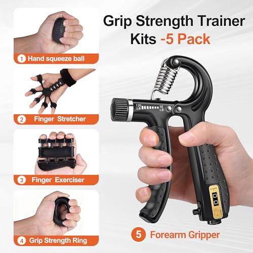 Grip Strength Trainer Kit (5 Pack) Adjustable Resistance Hand Gripper,Finger Exerciser,Hand Extension Exerciser,Stress Relief Ball and Forearm Workout Ring for Muscle Building Injury Recover - color: Black
