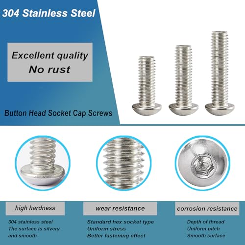 M6 x 60mm 65mm 70mm 75mm 80mm Button Head Socket Cap Screws Bolts, Stainless Steel 304, Metric Allen Hex Drive, Bright Finish, Fully Threaded, Assortment Kit 25PCS - size: Button M6x60-80mm