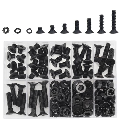 DYWISHKEY 151 Pieces M6 Black Screws, 10.9 Grade Alloy Steel M6x 8/10 /12/16 /20/25 /30mm Countersunk Head Socket Cap Screws Bolts Nuts Washers Assortment Kit - size: M6, style: Countersunk Head Socket Cap
