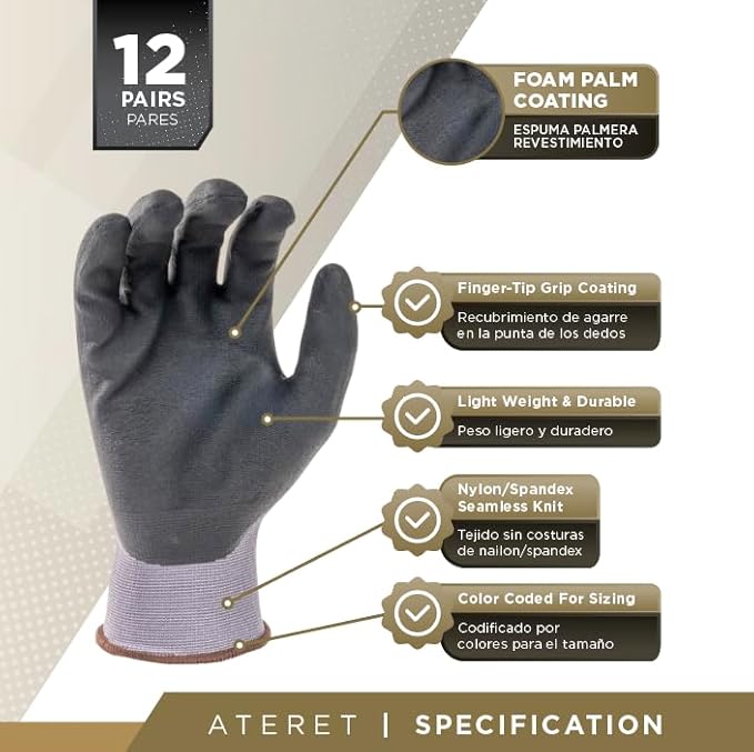 ATERET Work Gloves 12 Pairs Micro-Foam Nitrile Coated Safety Gloves, Seamless Knit Nylon Gloves Home Improvement General Use