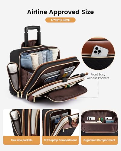 LOVEVOOK Rolling Laptop Bag for Women, Underseat Carry On Bag with Wheels | Fits 17.3 Inch Laptop, 30L Capacity, Silent Wheels, Rolling Briefcase, Carry On Luggage, Personal Item for Work Travel - color: Black-brown-white