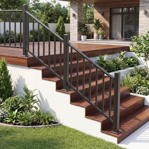 Aluminum Deck Railing Kit, Modular 36 in H. x 4 Ft W Stair Railing Kit for Outdoor Steps,Heavy Duty Balustrade System for Deck, Porch, Patio & Balcony(1 Post, 1 Panel) - size: 4 Feet-Stair