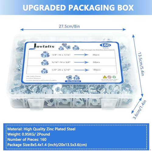 T Nuts 1/4"-20, 5/16"-18, 3/8"-16, Jovlalis 160 pcs Zinc Plated Steel T-Nut 4 Pronged Tee Blind Nuts Assortment Kit for Wood, Rock Climbing Holds, Cabinetry, Furniture