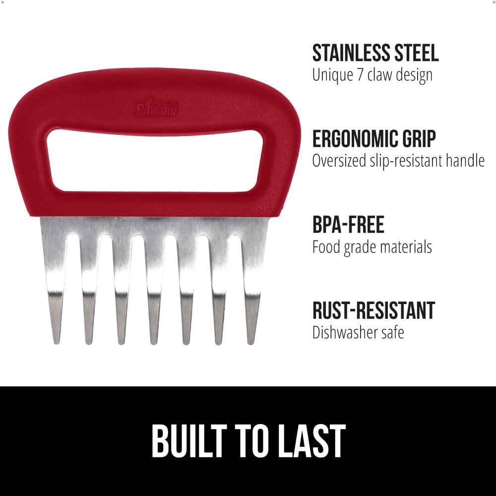 GORILLA GRIP BPA-Free Chicken Shredder Meat Claws, Sharp Stainless Steel Food Shredding Fork, Comfortable Handle, Easily Shred Pulled Pork, Taco Meats, Kitchen Smoker BBQ Tool, Dishwasher Safe, Red