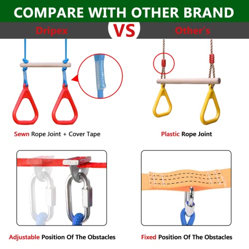 Ninja Obstacle Course for Kids Backyard - 10 Durable Obstacles and 60' Slackline - Outdoor Warrior Obstacle Playset Equipment with Gymnastic Ring, Rope Ladder, Ninja Wheel, Climbing Rope Swing