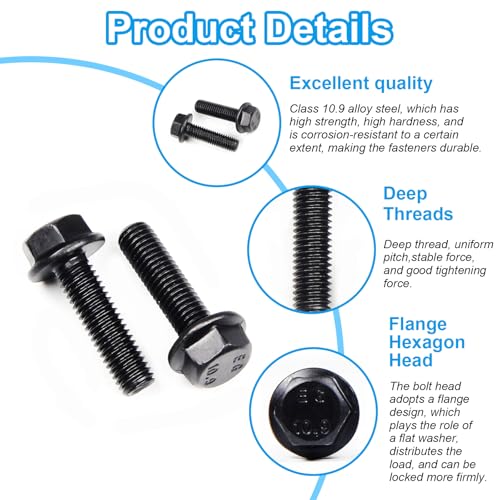 M6-1.0 x 25mm Flanged Hex Head Bolts Flange Hexagon Screws, External Flange Hex Drive Screws,Class 10.9 Black Finish,Alloy Steel, Fully Threaded, 40 PCS - size: M6x25mm