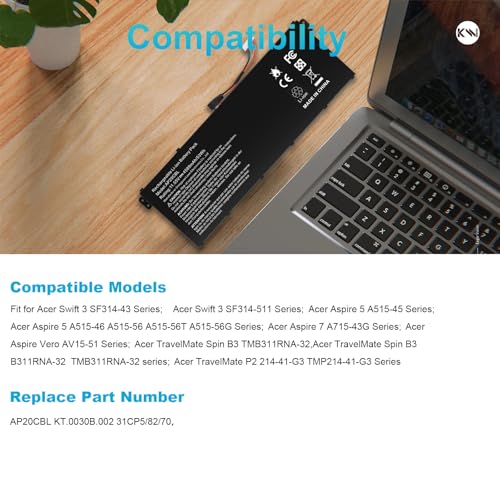 AP20CBL Laptop Battery for Acer Aspire 5 A515-45 A515-45G A515-46 A515-56 A515-56T A515-56G Aspire 7 A715-43G Swift 3 SF314-43 SF314-511 Vero AV15-51 TravelMate Spin B3 B311RNA-32 Chromebook CB315-4H - size: 10.24*3.31*0.2inch AP20CBL