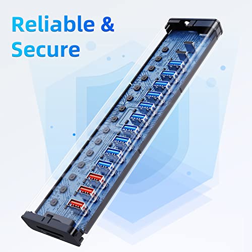 Powered USB Hub 10Gbps, 17 Ports USB 3.2 Hub, 96W Power Adapter | 10 USB-A 3.2, 3 QC 24W Fast Charging, 2 USB-C 3.2, SD/TF, 12V/8A Power Adapter for Laptop, PC, Computer, HDD, Flash Drive - color: Silver