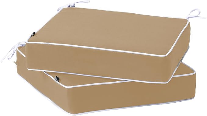 PNP FKJP 2 Pack Outdoor Chair Cushion 20" X 20" X 4", Waterproof Outdoor Seat Cushions with Non-Skid Ties, Khaki (Cushion + Cover)