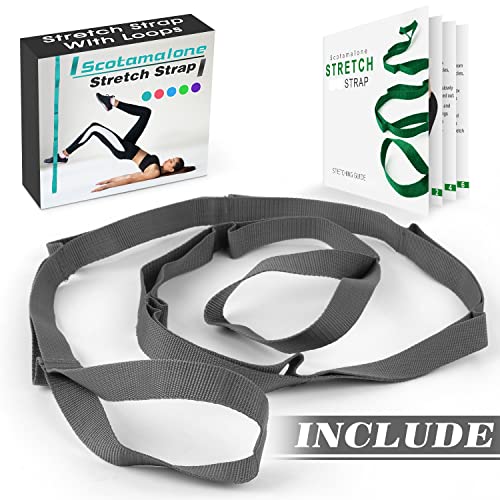 Scotamalone Stretching Strap Yoga Strap Physical Therapy for Home Workout, Exercise, Pilates and Gymnastics, 10 Loops Non-Elastic Stretch Bands with Aesthetic Packaging for Women & Men - color: Grey