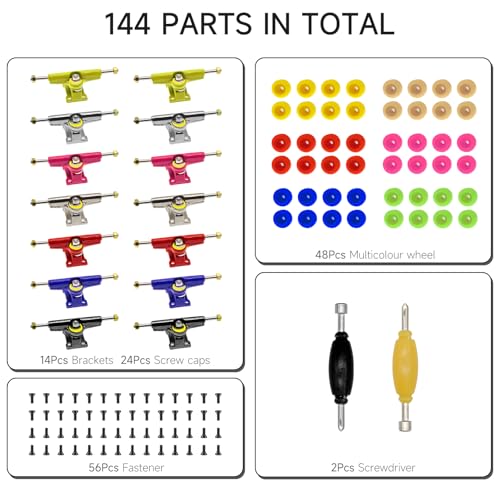14Pcs Multicolour Trucks 48Pcs Wheels 60Pcs Screws & 30PCS Nuts & 4PCS Spanner Tool for 96mm Fingerboard Skateboard Wooden Deck Parts - color: Multicolour Trucks & Box