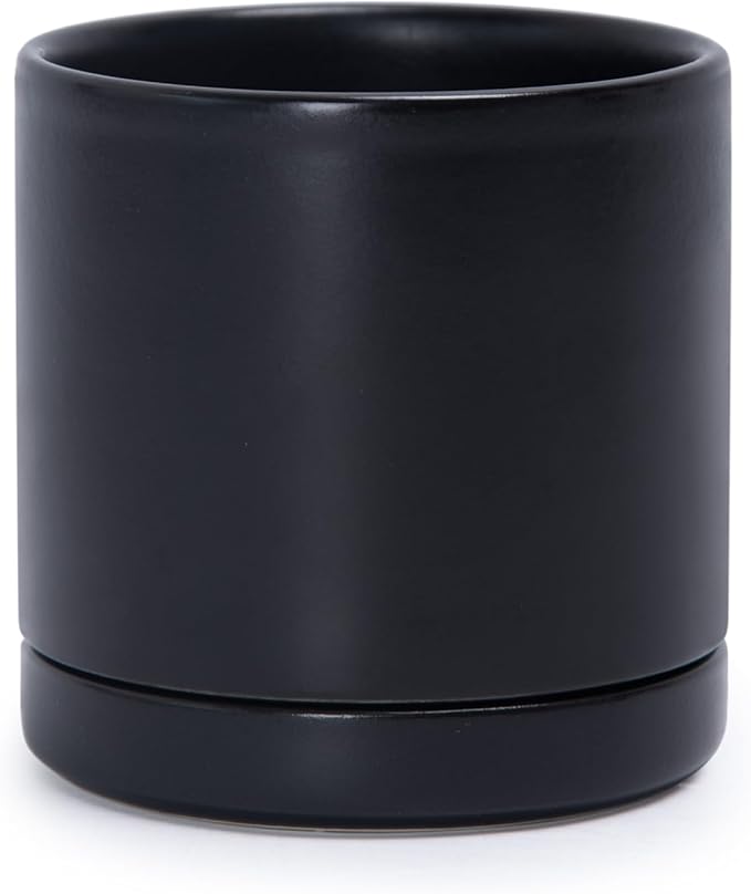 D'vine Dev 3.5 Inch Ceramic Planter Pot with Drainage Hole and Saucer, Indoor Cylinder Round Planter Pot, Black, 94-O-A-2