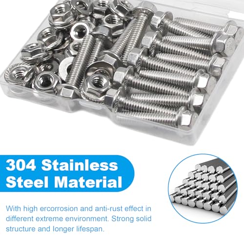 15 Sets 1/4-20 x 1-1/4" Flanged Hex Head Bolts Kits, 1/4-20 Flange Hexagon Screws and Nuts,Flat & Spring Lock Washers, 304 Stainless Steel 18-8,Fully Threaded - size: 1/4-20 x 1-1/4"