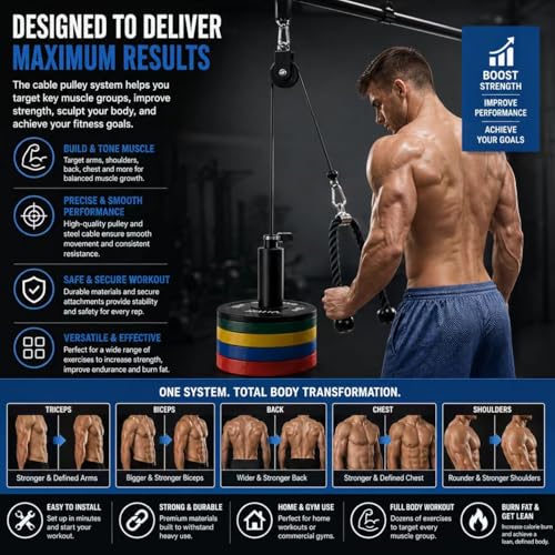 Cable Pulley System Gym,Fitness LAT and Lift Pulley System Dual Cable Machine with Upgraded Loading for Triceps Pushdown,Biceps Curl,Back,Shoulder Workouts Home Gym Equipment