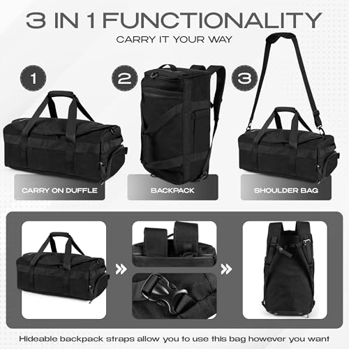 3-in-1 Duffle Bag Backpack with Shoe & Laptop Pocket, Cup Holder, Ventilated Gym & Travel Bag (Black) - color: Black
