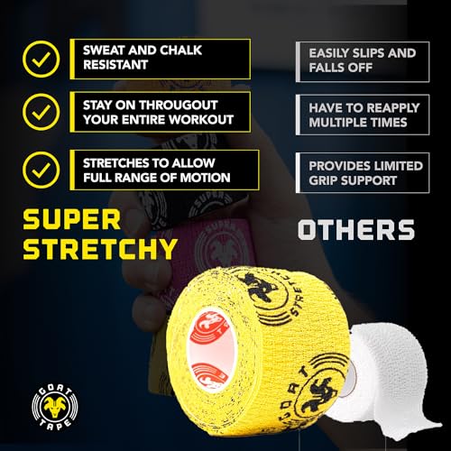Goat Tape Yellow Super Stretchy Premium Thumb Tape(4-Pack) and Pre Cut Red Athletic Tape for Fingers - Extra Sticky Elastic Athletic Thumb Tape for Weightlifting