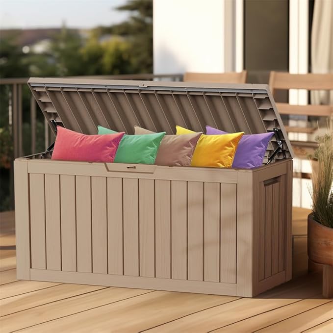 80 Gallon Outdoor Deck Box,Storage Lockable Waterproof Patio Furniture,Garden Tools,Cushions,Pool Accessories Outside Storage Resin Box(Gery)