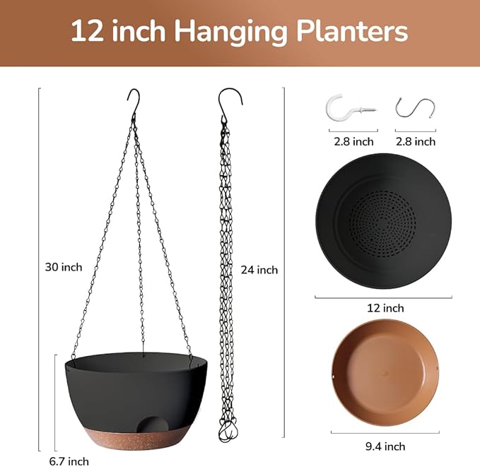 12 Inch Hanging Baskets for Plants Outdoor, Hanging Planters for Indoor Outdoor Plants, Hanging Planter with Self Watering, Hanging Flower Pots (Black)