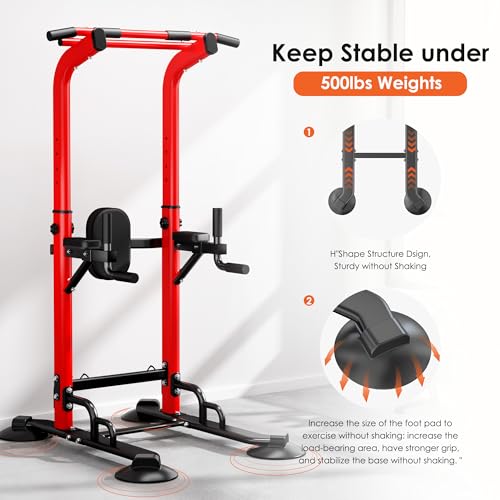 soges Power Tower Pull Up Bar Station, Dip Station for Home Gym, Height Adjustable Heavy Duty Strength Home Training Fitness Workout Equipment - color: Red-Bands