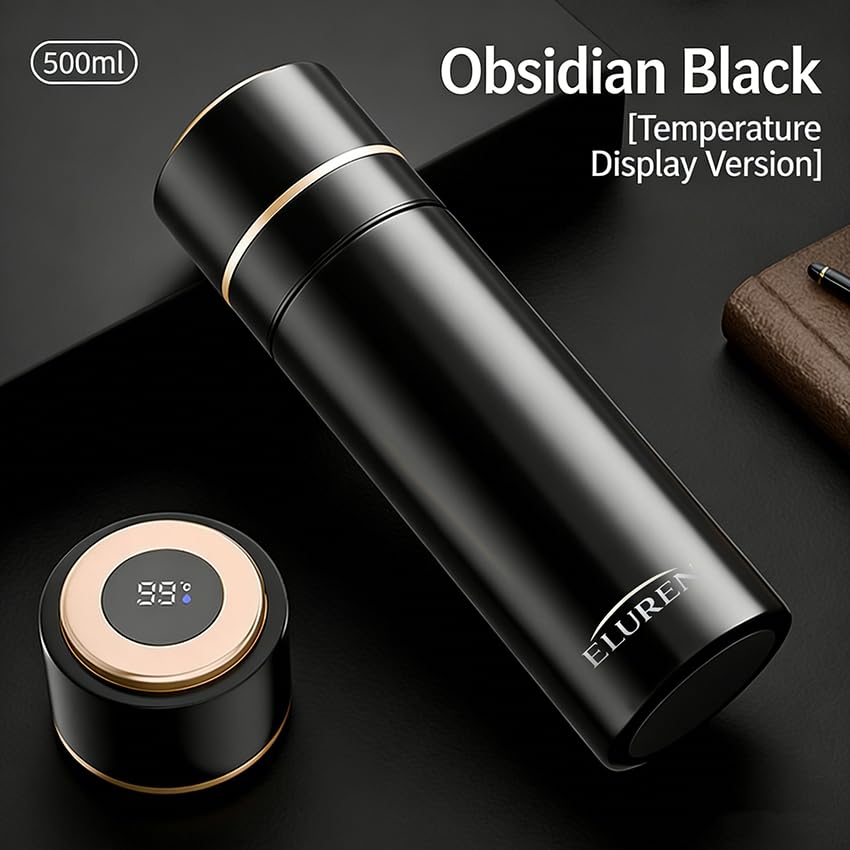 ELUREN Vacuum Insulated Stainless Steel Thermal Smart Water/Coffee/Tea Tumbler & Flask with Tea Infuser, LED Temperature Display, One-Click Opening, Leak-Proof, Keeps Drinks Hot or Cold for Hrs, Black