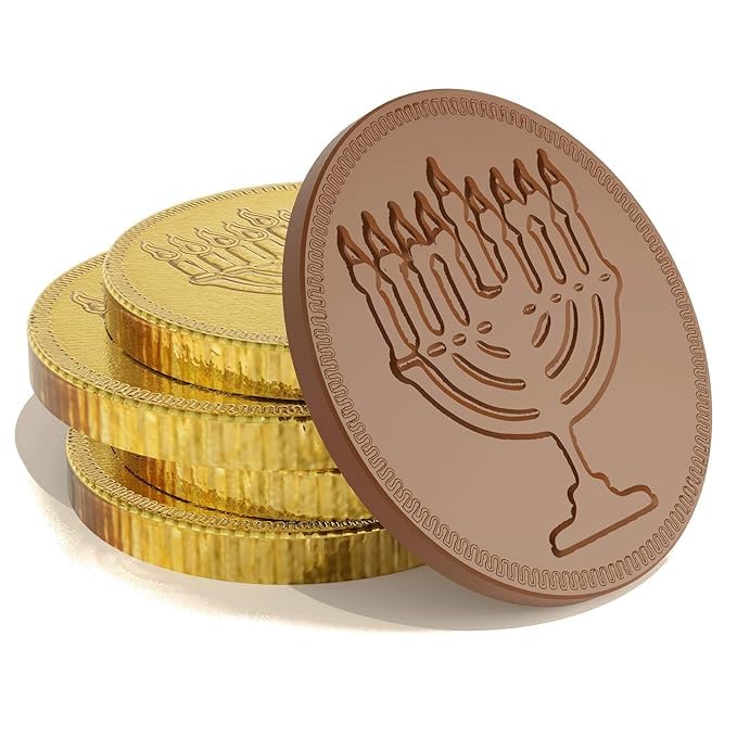 The Dreidel Company Hanukkah Chocolate Gelt, 96-Pack Mesh Bags of Milk Chocolate Coins, Kosher Certified Dairy, Dreidel and Menorah Design Chanukah