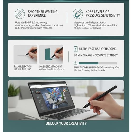 Rechargeable Stylus Pen for 16 13 Touchscreen Laptops, 4096 Pressure Levels Tilt Active Pen MPP 2.0 with Palm Rejection Eraser Shortcut Buttons (Black) - color: Black