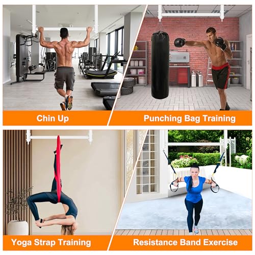 Ceiling Mounted Pull Up Bar, Heavy Duty 700 LBS Multi Grip Pull Up Bars, 16"/24" Rafter Chin Up Bar, Ceiling Joist for Garage/Gym/Basement with Comfortable Grip & Round Anchors, Easy to Install - color: White