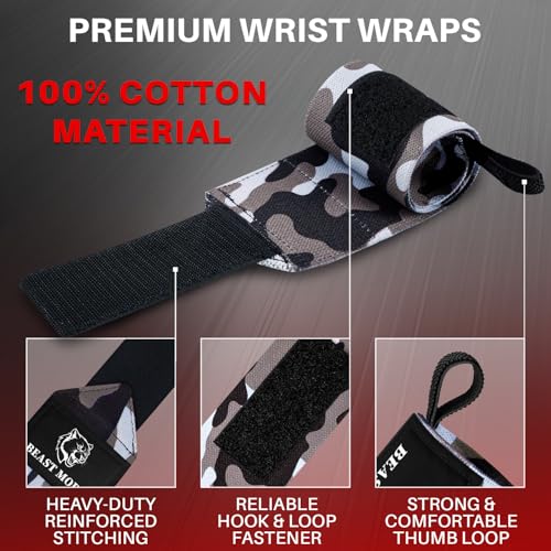 TECEUM Elastic Cotton Weightlifting Wrist Wraps with Thumb Loops, 1 Pair - color: Black Camo, style: 18" – Beast Mode