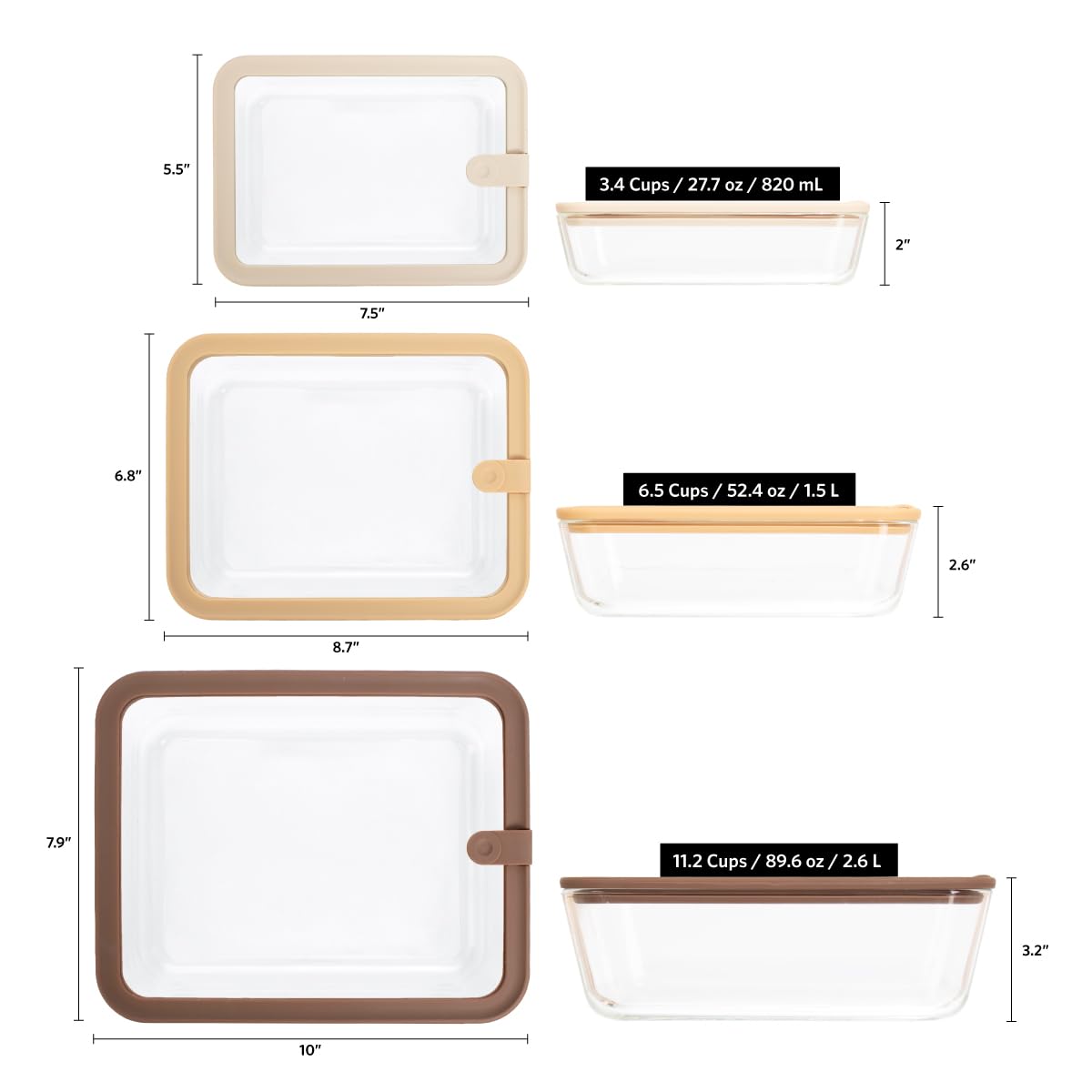 Glad Glass Food Storage Containers, Set of 3 - Airtight Vacuum Sealed Steam Vent Lids - Rectangular Borosilicate Glass Dishes with Ombre Green Lids - Assorted Sizes for Meal Prep & Leftovers, Brown