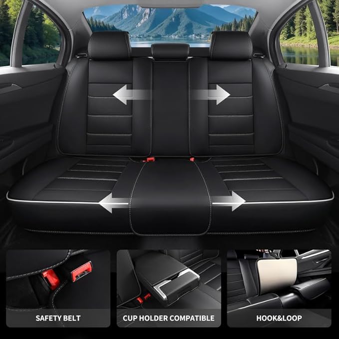 Car Seat Covers Full Set Custom Fit for Ford Focus 2000-2018-Luxury Leather with Lumbar Support, Breathable, Waterproof, Anti-Slip, Durable, Easy to Install (Black&White,Full Set)
