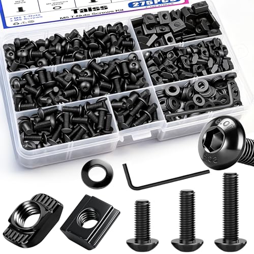 Taiss 275PCS M5 T-Nuts and Bolts Kit for 2020 Aluminum Extrusion Hardware,T Sliding Nut,T-Slot Nut,M5x8/10/12mm Hexagon Socket Screws and Washers with Hex Wrench - size: 275PCS M5 T-Nuts Screw Kit