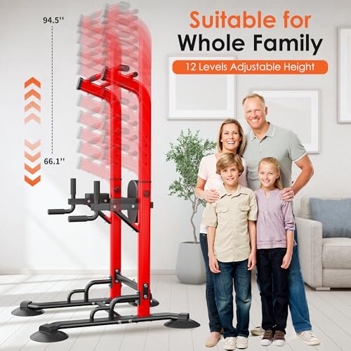 soges Power Tower Pull Up Bar Station, Dip Station for Home Gym, Height Adjustable Heavy Duty Strength Home Training Fitness Workout Equipment - color: Red