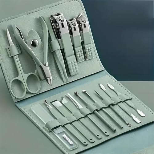 16PCS Professional Manicure & Pedicure Set Stainless Steel Nail Care Kit Travel Manicure Kit, Green - color: Green