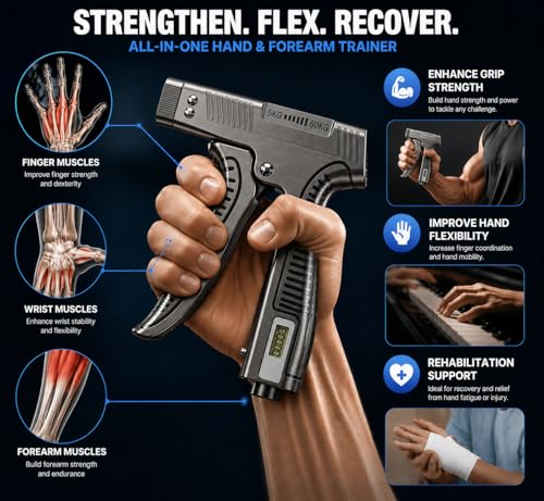 Grip Strength Trainer with Finger Exerciser, Digital Counter Adjustable Hand Grip Strengthener Trigger-Style Grip Strength Trainer, Index-finger Squeeze Trainer for Strength Training, Recovery and Muscle Building