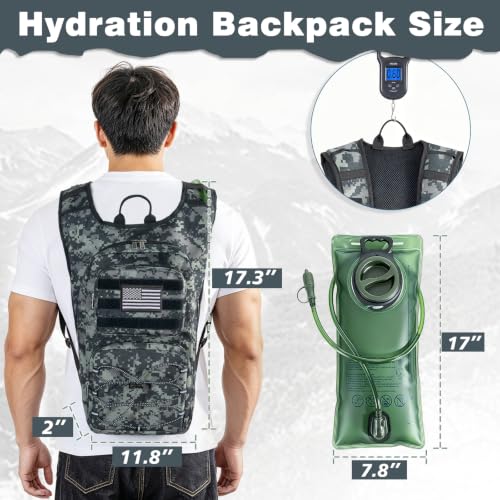Hydration Backpack, Tactical Molle Water with 3L TPU Water Bladder | Lightweight Military Hydration Daypack for Hiking, Running, Cycling, Climbing, Biking, 105 oz, Breathable Back Panel - color: Black Camouflage