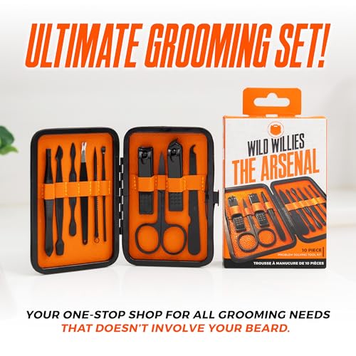 Wild Willies 10-Piece Pedicure & Manicure Kit for Men & Women - Includes Nail Clippers, Scissors, Tweezers, Files - Compact Travel Nail Grooming Kit, Mens Nail Care Set