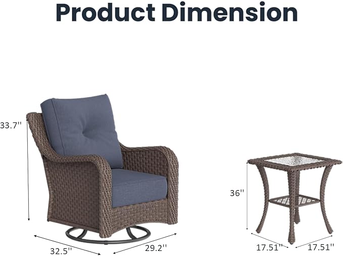 3 Pieces Outdoor Patio Furniture Sets with Rocking Swivel Chairs with 6-inch Thick Cushion and Side Table for Deck Lawn