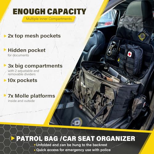 Golkcurx Patrol Bag Law Enforcementt, Front Seat Organizer | Police Gear Bag, Car Organizer for Vehicle Passenger Seat, MOLLE System & Cup Holders
