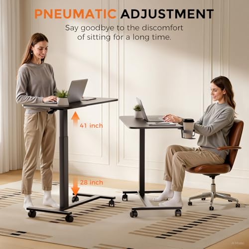 COMHOMA Adjustable Overbed Bedside Table with Lockable Wheels, Pneumatic Mobile Standing Laptop Desk, Small Standing Desk Portable Rolling Overbed Table Hospital Home Use(32" W x 18" D, Black) - color: Black, size: Large