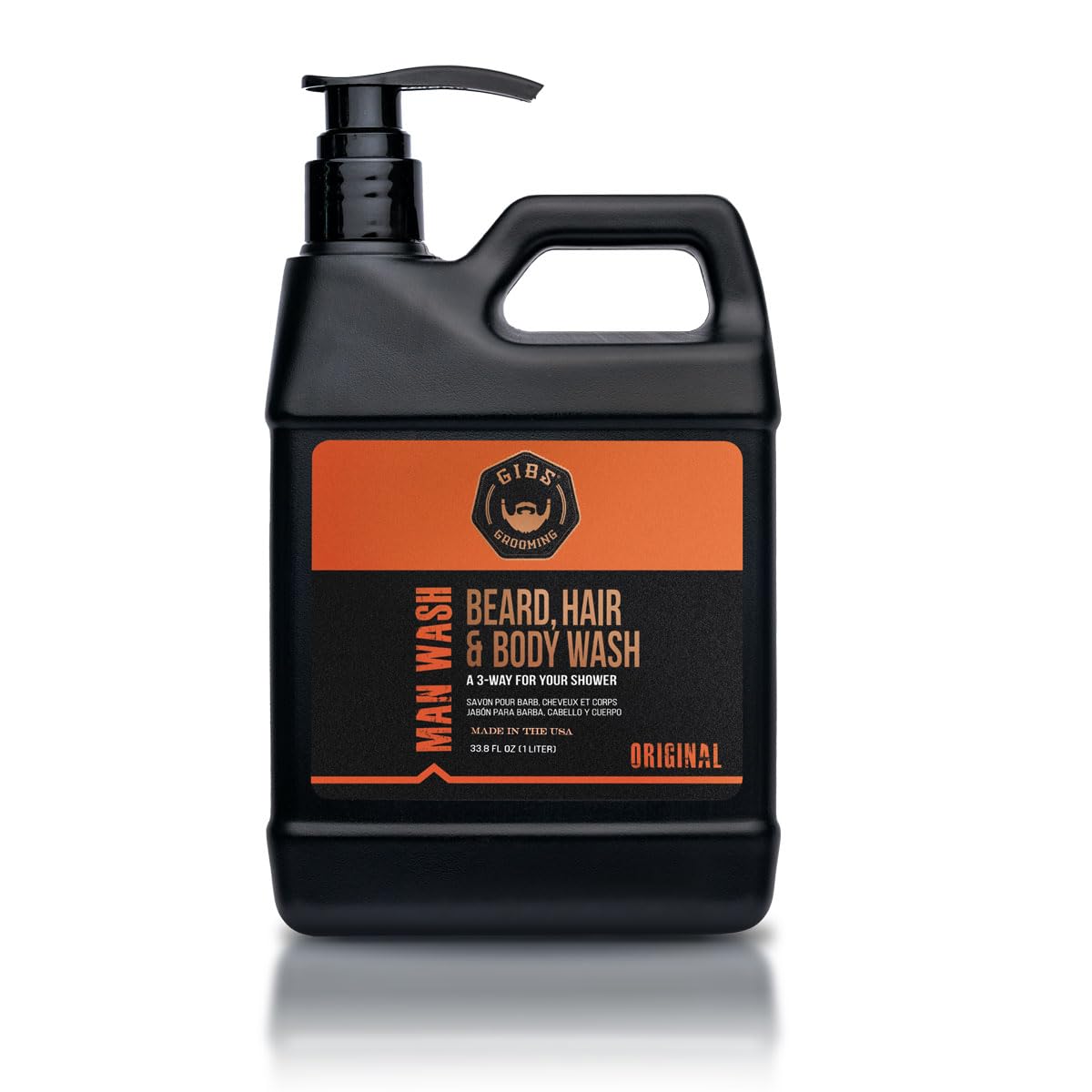 GIBS Grooming - Original Man Wash (33.8 fl oz) 3-in-1 Beard, Hair, Body Soap - Citrus, Oak, Basil Scent - Sulfate Free - Tea Tree Oil, Hemp Oil, Protein - Mens Body Wash & Mens Shampoo - Made in USA