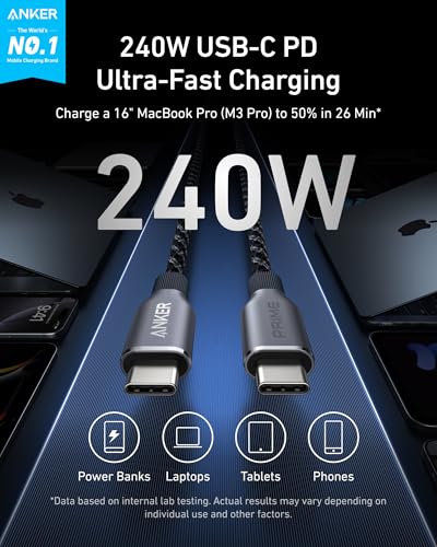 Anker Prime USB C to USB C Cable, 240W Fast Charging Cord, Upcycled-Braided Nylon with 100-Year Bend Durability for iPhone 17 Series, MacBook, Galaxy S24(3 FT) (Pack of 2) - size: 3FT (Pack of 2)