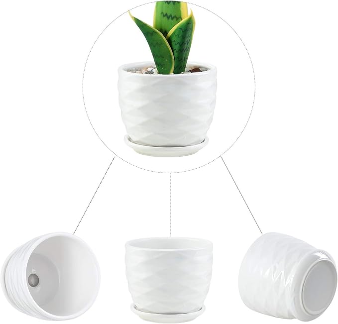 Plant Pots - 4.7 Inch Cylinder Ceramic Planters with Connected Saucer, Pots for Succuelnt and Little Snake Plants, Set of 4, White