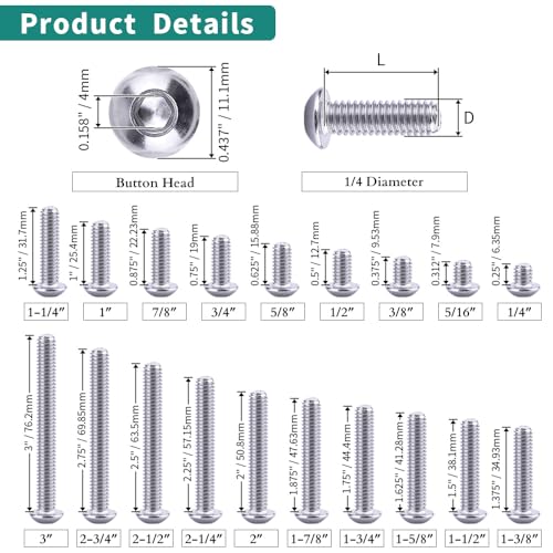 1/4-20 x 1-1/2" Button Head Socket Cap Bolts Screws, 304 Stainless Steel 18-8, Allen Hex Drive, Bright Finish, Fully Machine Thread, Pack of 25 - size: 1/4-20 x 1-1/2