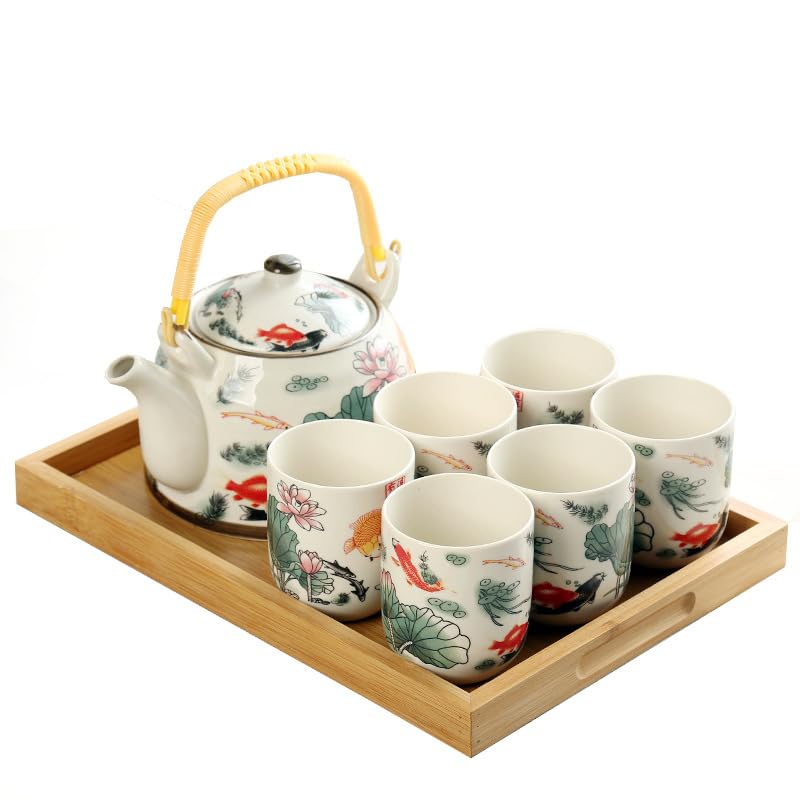 MOZEO 27oz Large Teapot Set Ceramic Tea Maker with Stainless Steel Infuser for Loose Leaf Tea or Bags Tilting Pot Floral Tea Kettle with 6pcs Cups (Lotus)
