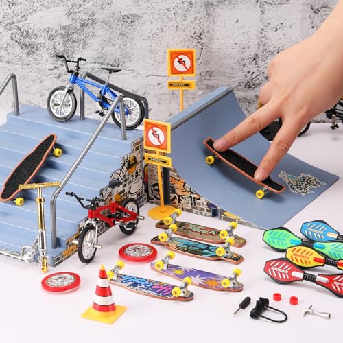 Skylety 31 Pieces Mini Finger Toys Set for Boy Girl Includes 6 Finger Skateboards, 4 Bikes, 2 Mini Scooters 4 Swing Board 8 Matched Wheels 7 Tool Accessories Educational Toy Party Favor(Novel) - style: Novel