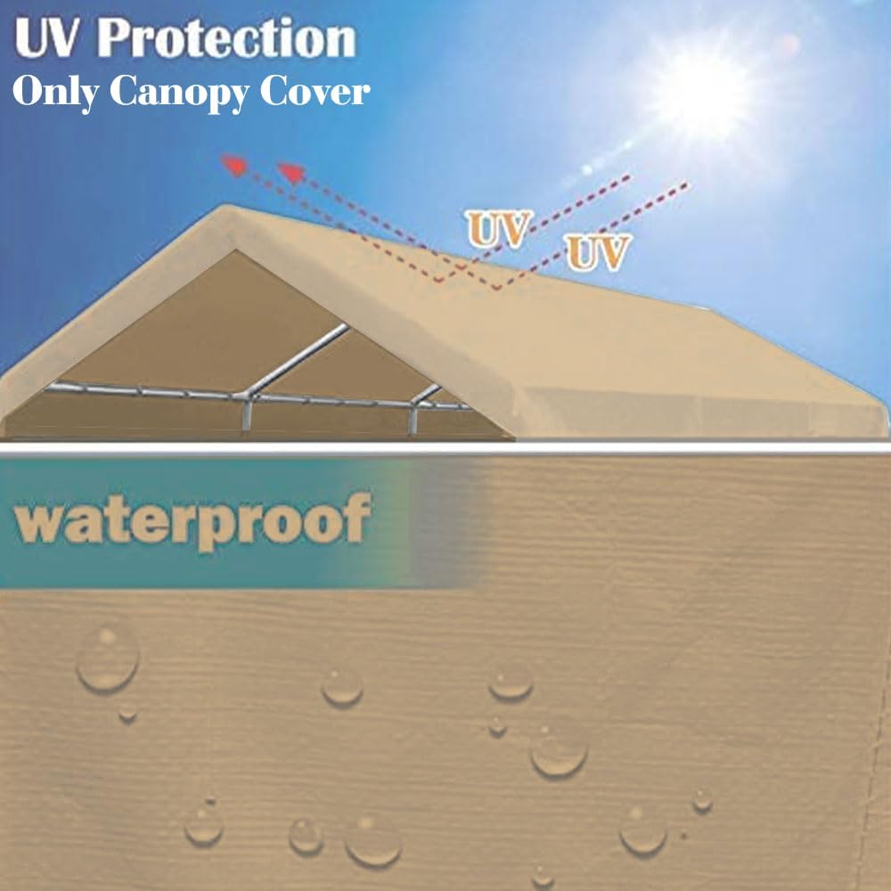 Rutile 10'x20' Carport Canopy ONLY Tent Garage Replacement Top Tarp Car Shelter Cover w/Ball Bungees Beige (Only Top Cover, Frame is not Included)