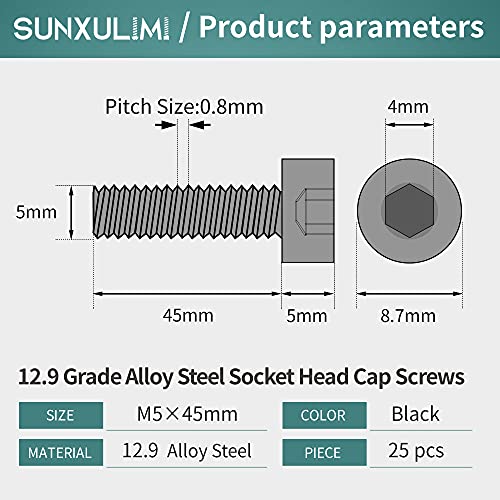M5 x 45mm Socket Head Cap Screws Bolts 12.9 Grade Alloy Steel Metric Machine Hex Socket Screw, Black Oxide Finish, Fully Threaded, 25PCS - size: M5×45mm