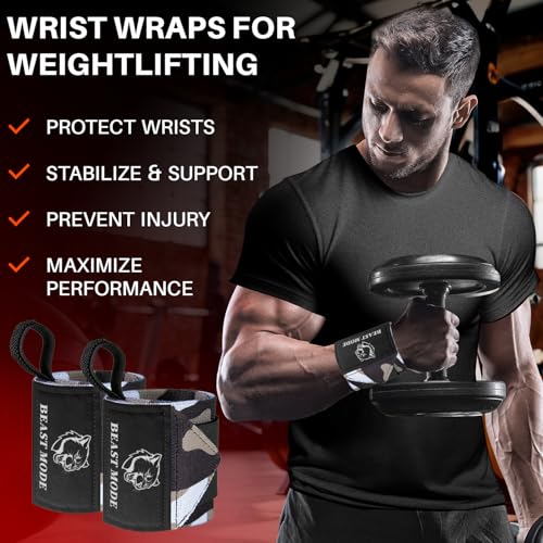 TECEUM Weightlifting 18" & 12" Wrist Wraps with Thumb Loop – Heavy Duty Wrist Workout Braces for Men and Women – Ideal for Powerlifting, Strength Training, Bodybuilding - color: Black Camo, style: 18" – Beast Mode